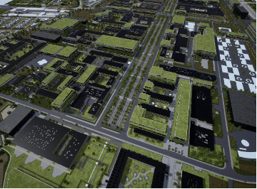 A birds-eye view of a city made with CityEngine