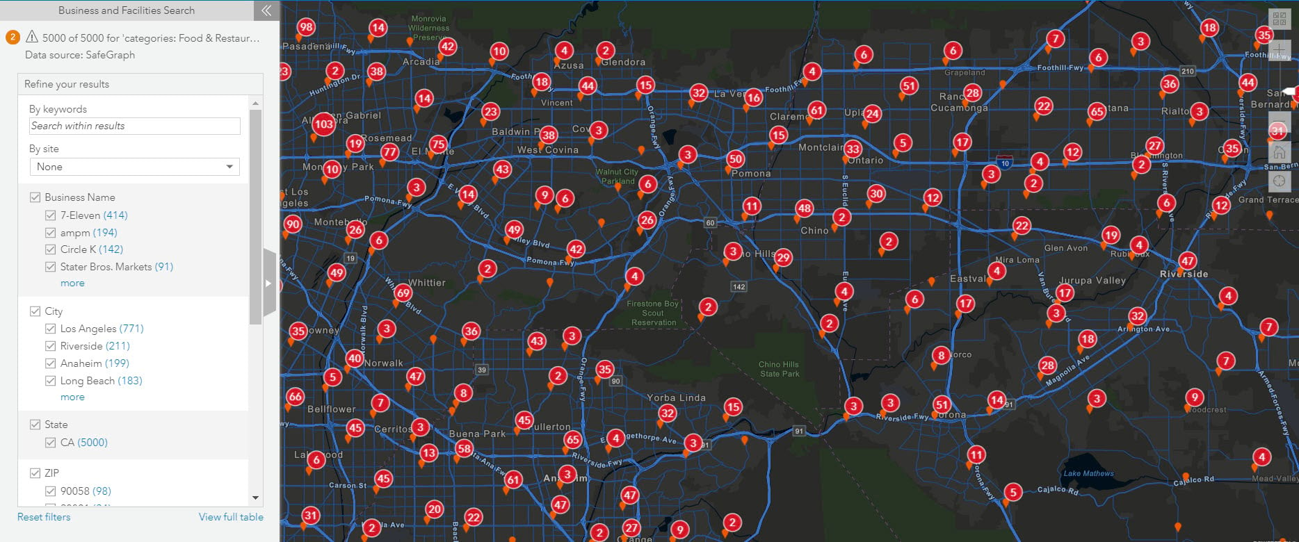 Business search results using SafeGraph in Business Analyst