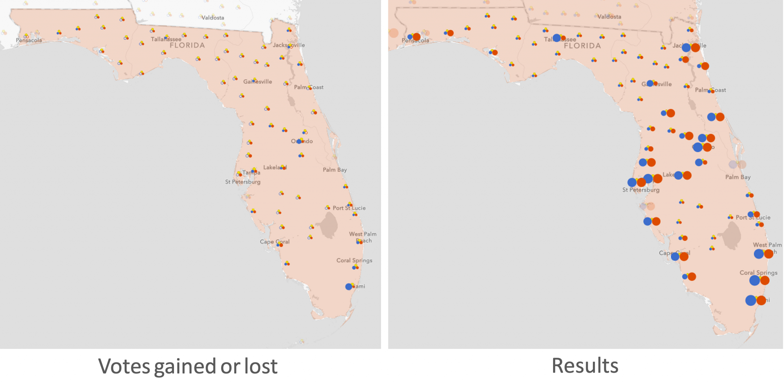 Left: Electoral swing in the U.S. presidential election from 2012-2016. Right: 2016 U.S. presidential results per party.