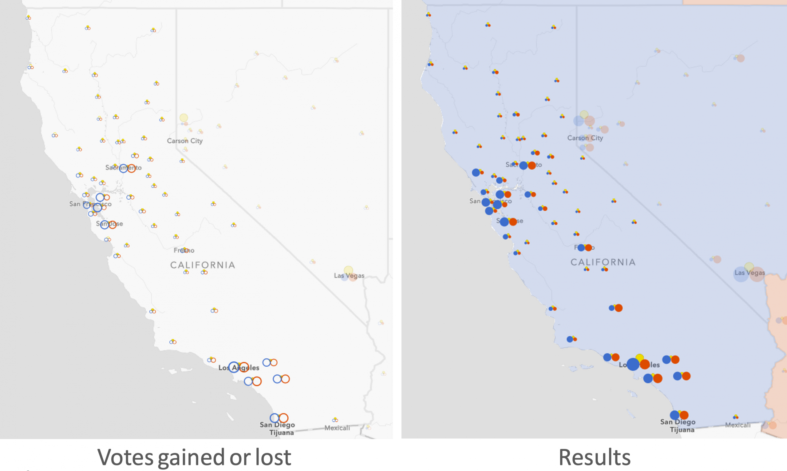 Left: Electoral swing in the U.S. presidential election from 2012-2016. Right: 2016 U.S. presidential results per party.