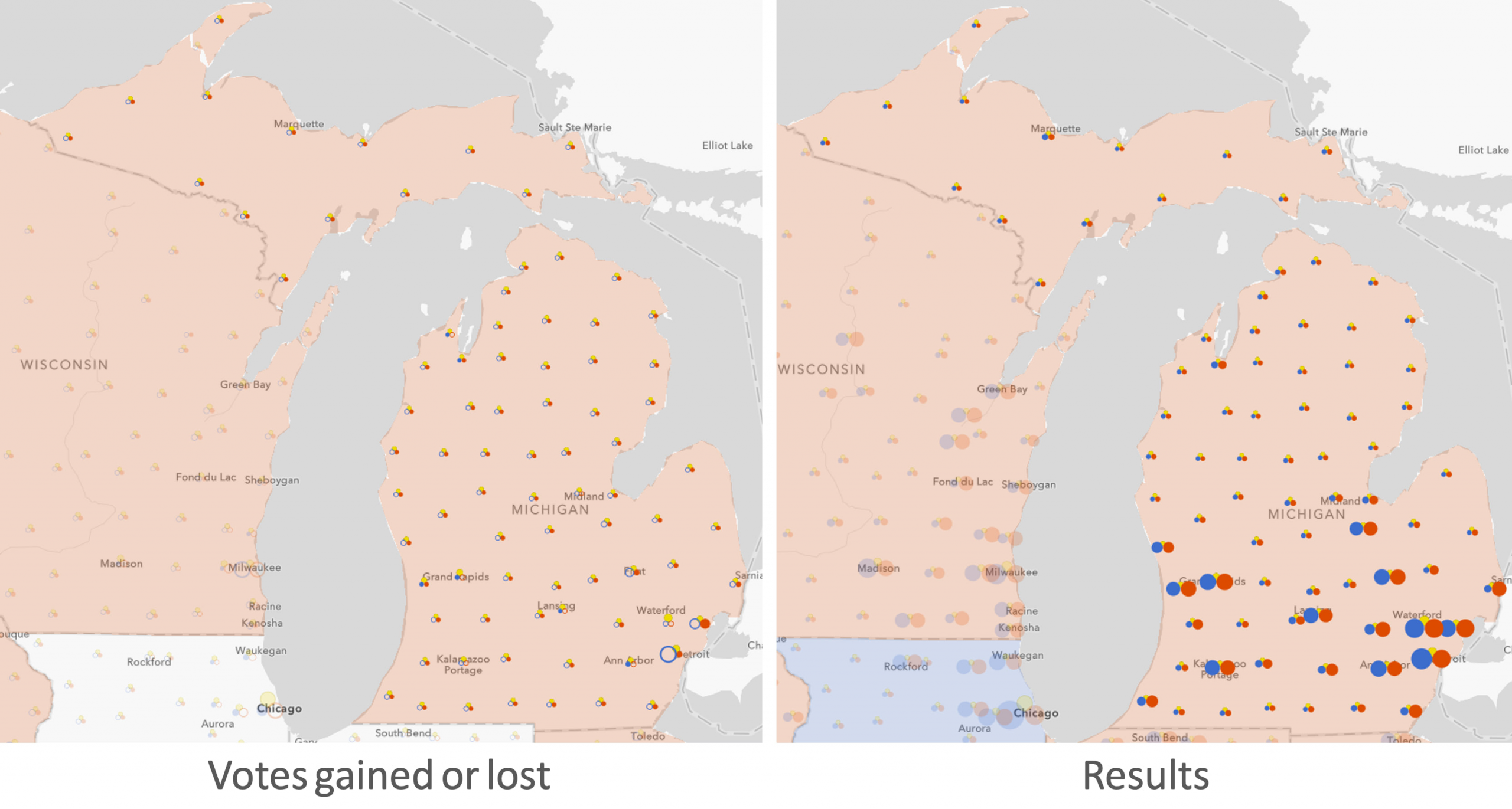 Left: Electoral swing in the U.S. presidential election from 2012-2016. Right: 2016 U.S. presidential results per party.