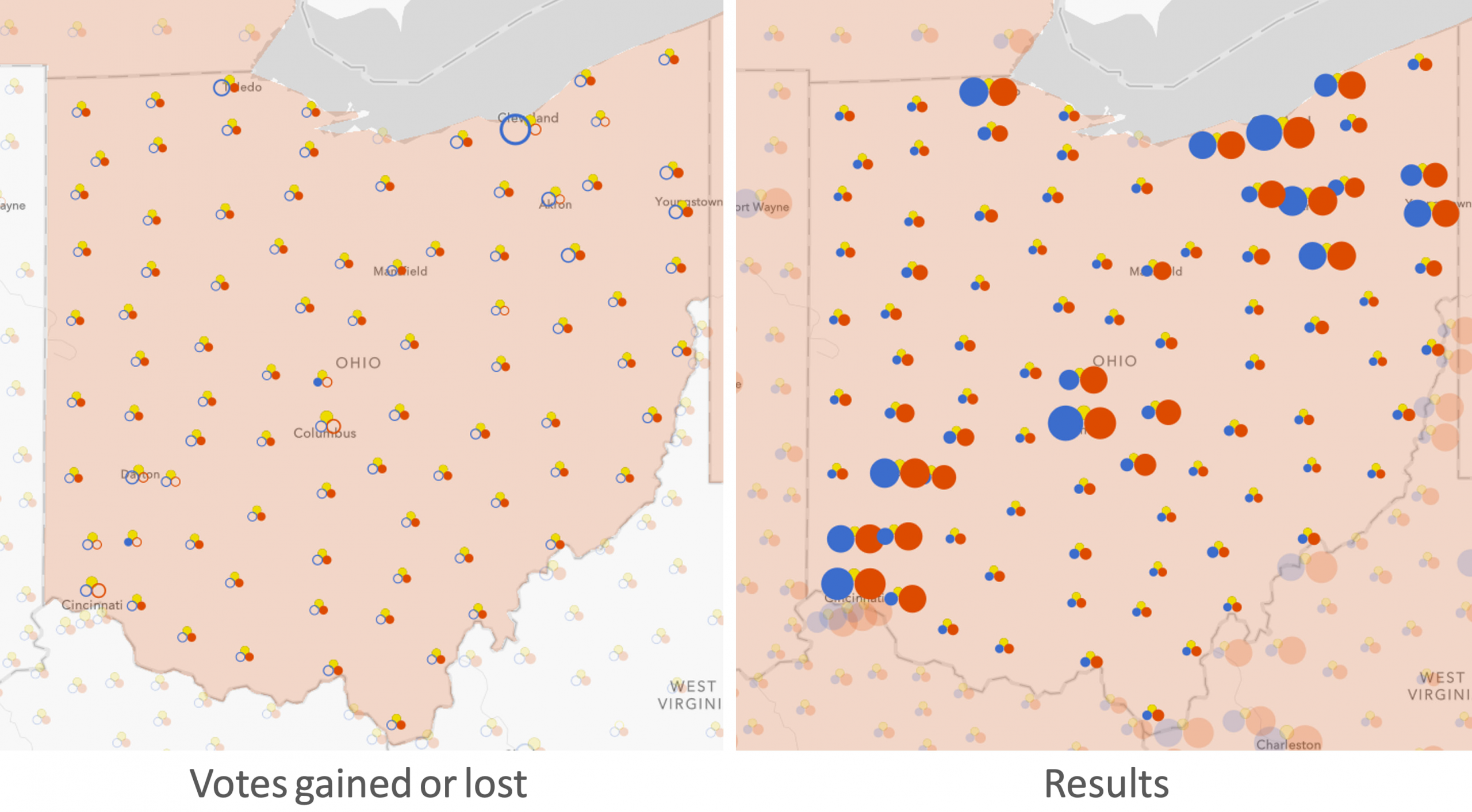 Left: Electoral swing in the U.S. presidential election from 2012-2016. Right: 2016 U.S. presidential results per party.