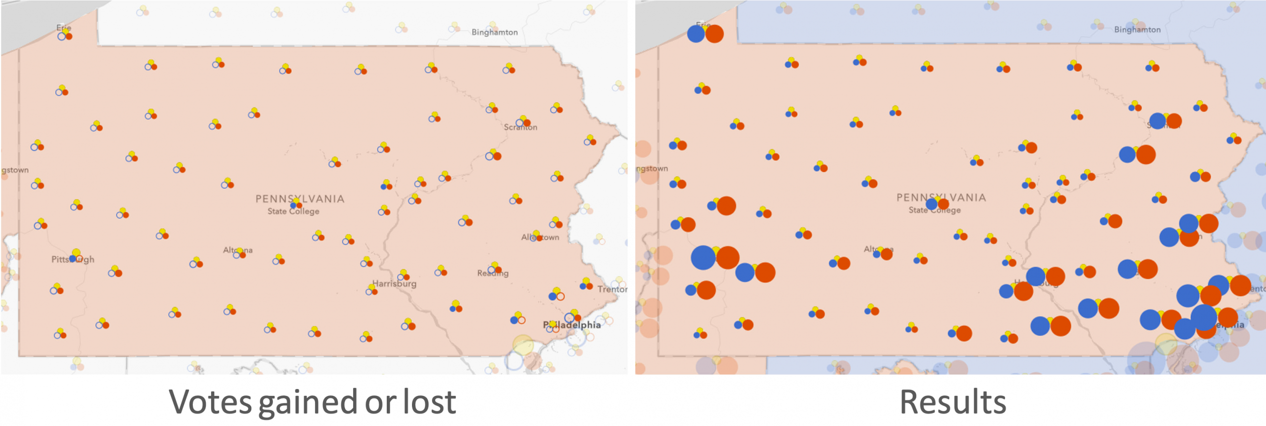 Left: Electoral swing in the U.S. presidential election from 2012-2016. Right: 2016 U.S. presidential results per party.