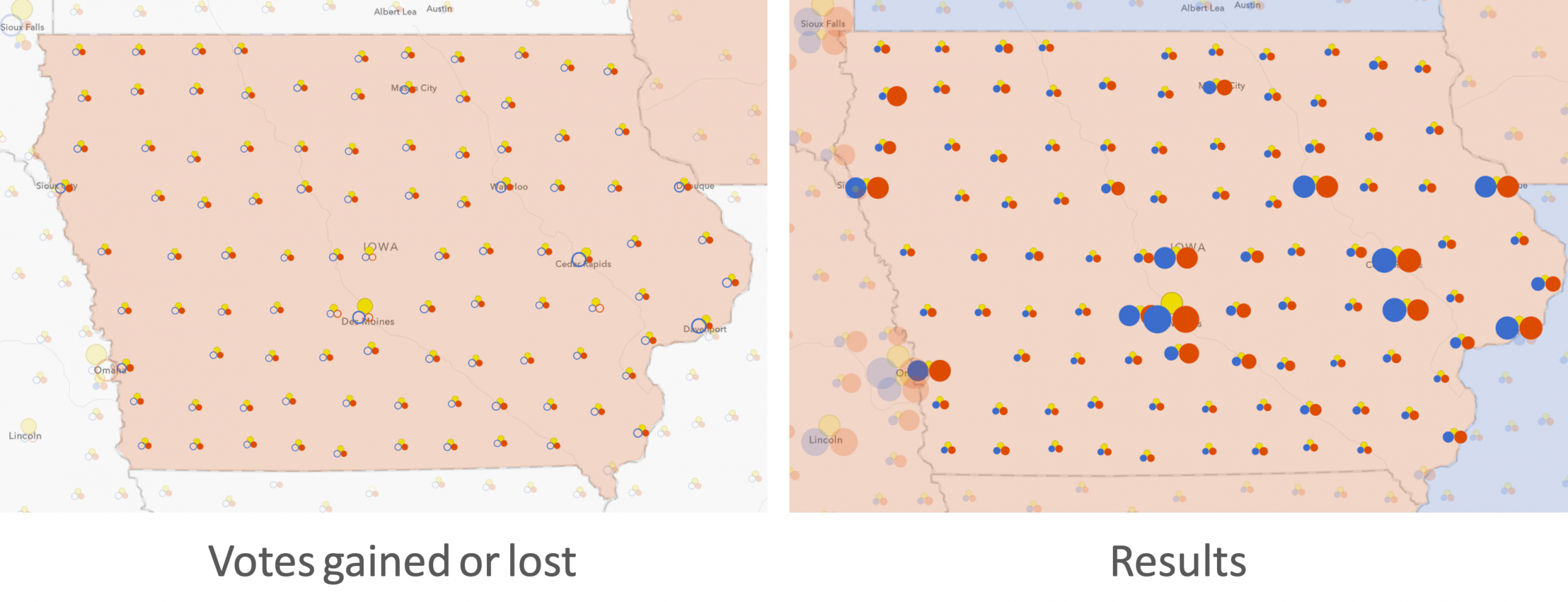 Left: Electoral swing in the U.S. presidential election from 2012-2016. Right: 2016 U.S. presidential results per party.