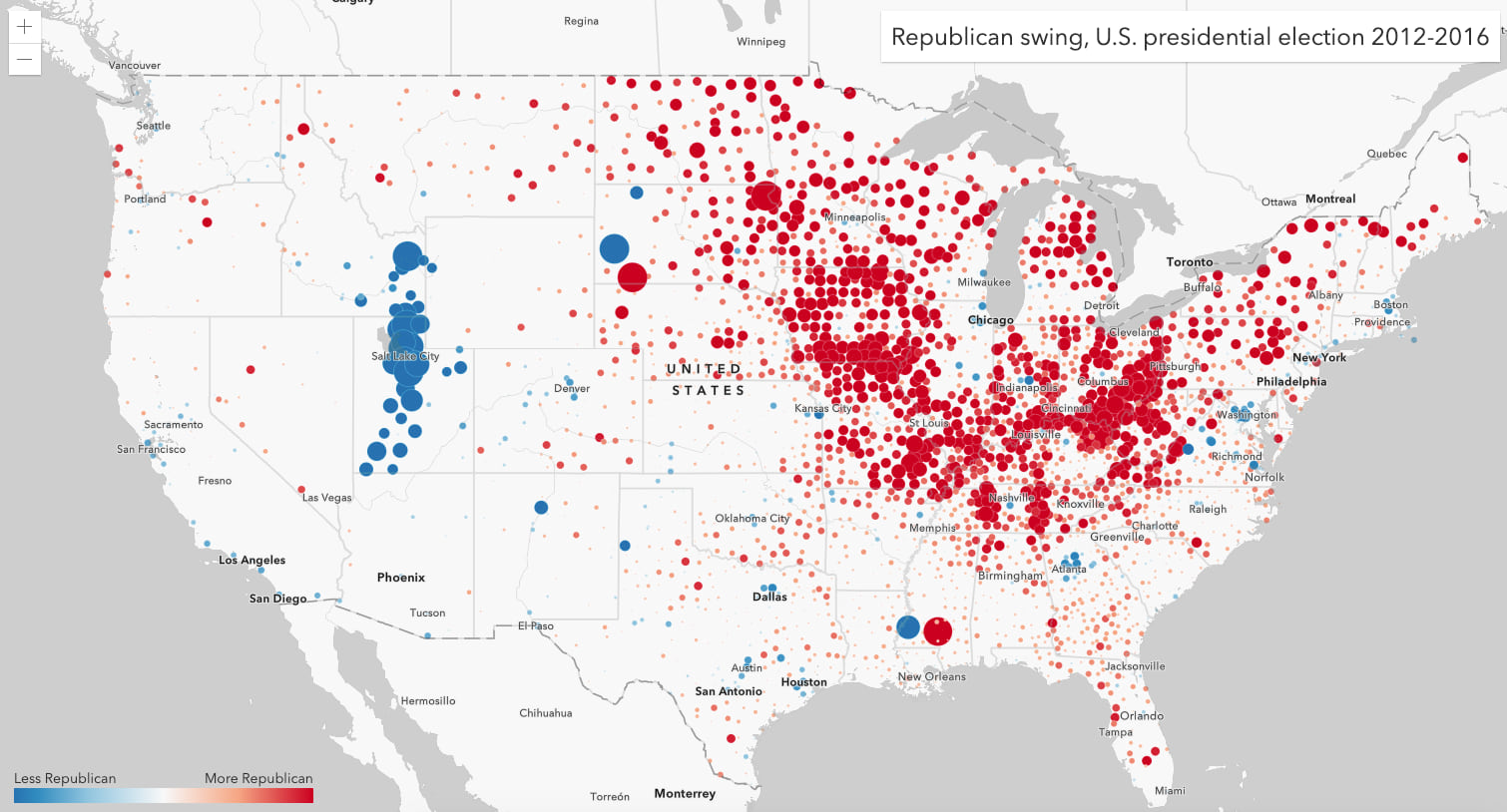 Republican swing in the 2016 election. Red icons indicate counties where a higher percentage of people voted for the Republican candidate compared to 2012. Blue counties represent a decline in Republican support. Size indicates the strength of the swing.