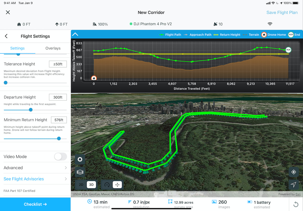 Site Scan Flight App Corridor Scan 3D view with Terrain Follow