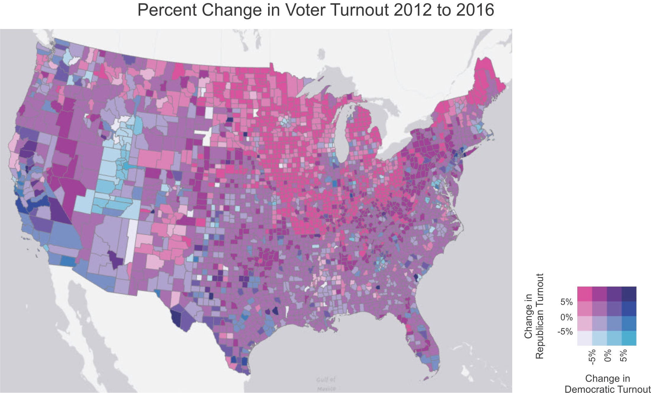 Map of continental US with counties color-coded by percent change in voter turnout, for both the Republican and Democratic parties