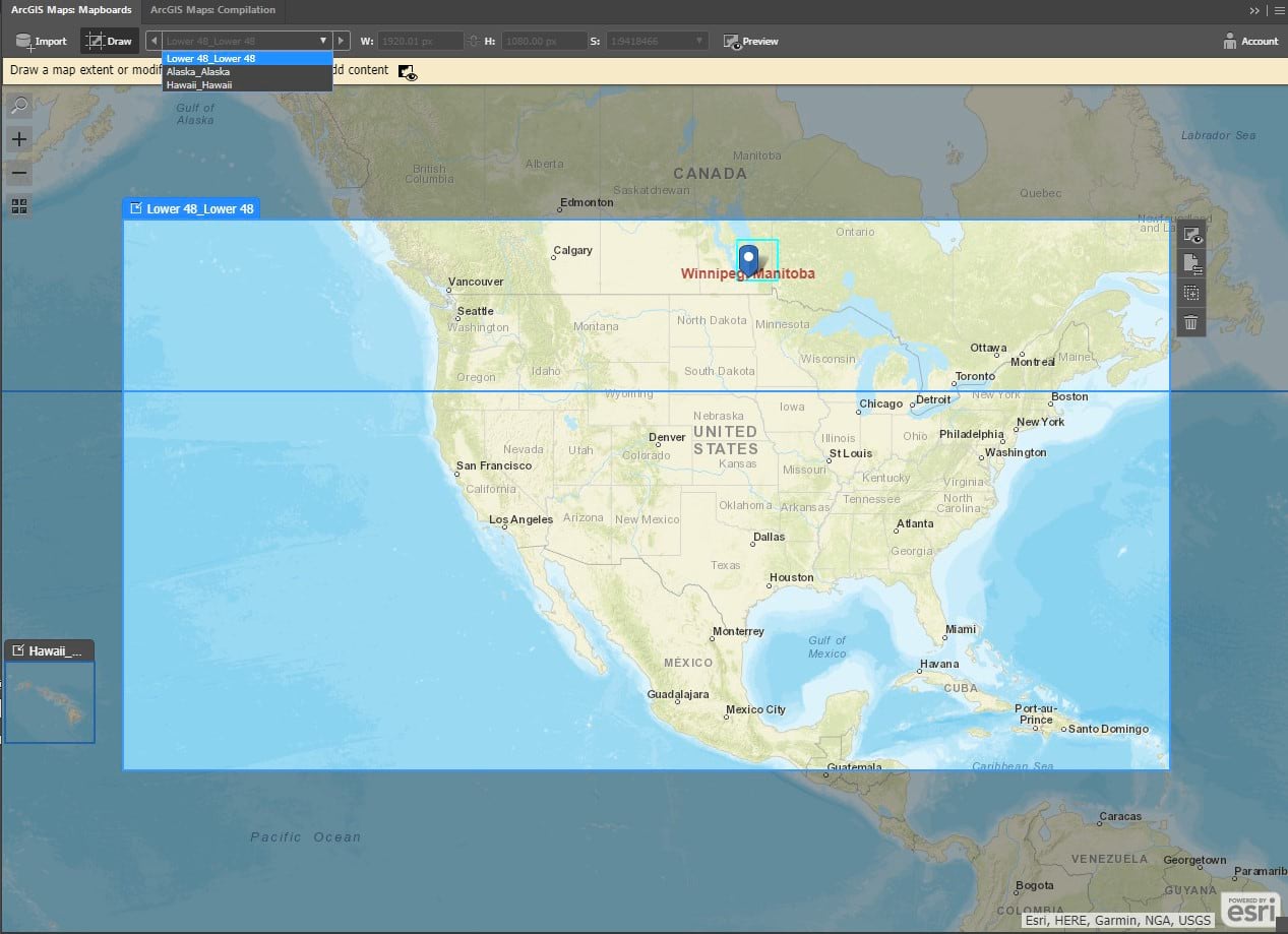 Mapboard panel with the mainland USA selected as active map