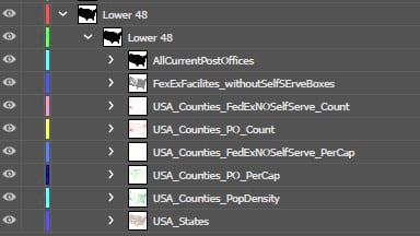 Each map layer from pro is a sublayer in Illustrator, containing all the features for that layer. Each map layer from pro is a sublayer in Illustrator, containing all the features for that layer.