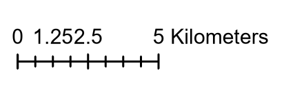 A crowded default ArcGIS Pro scale bar showing 5 kilometers