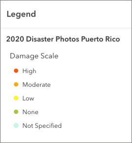 Image of legend for 2020 Disaster Photos with a Damage Scale including the following values: High, Moderate, Low, None, Not Specified