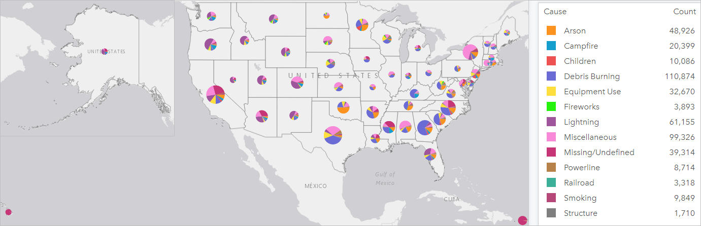 The cause of wildfires across the United States, styled with pie chart symbols