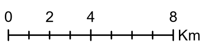 A line scale bar showing 8 kilometers, with a Km label after the scale bar