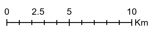 A scale bar showing 10 km, with the numbers 0, 2.5, 5, and 10 displayed
