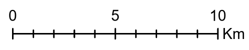 A scale bar showing 10 kilometers, with the 5 and 10 numbers displayed