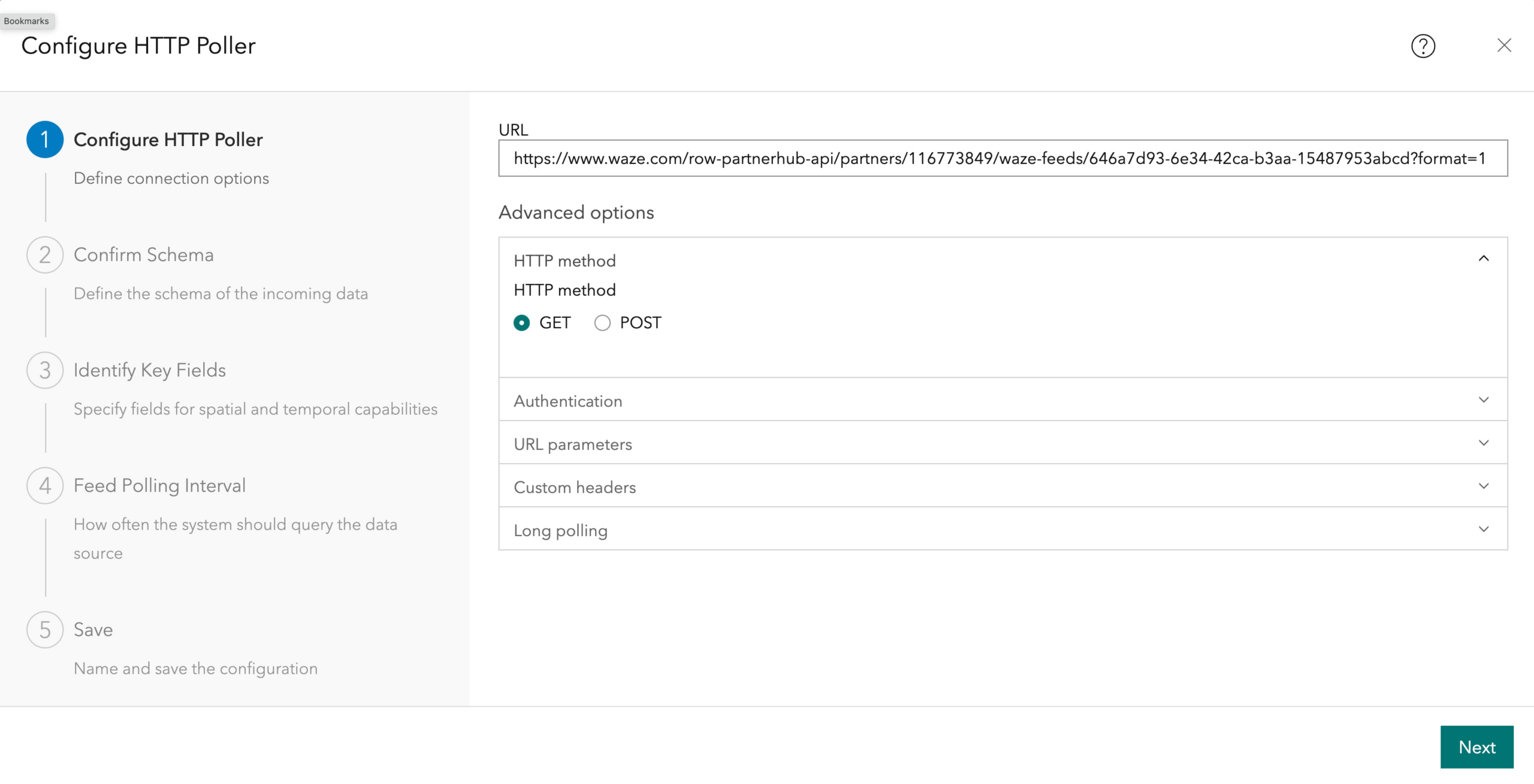 ArcGIS Velocity feed connection properties