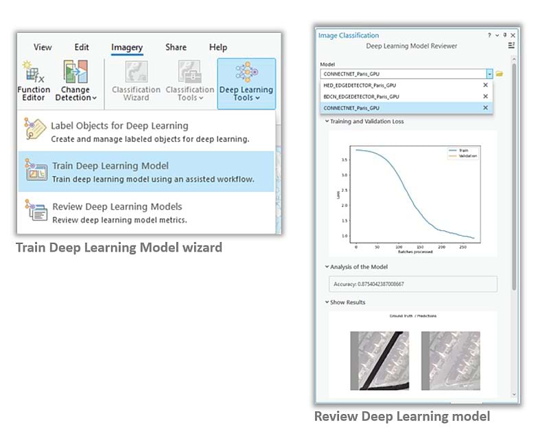 Two new deep learning menus available in ArcGIS Pro. One for training models, the other for reviewing the model.