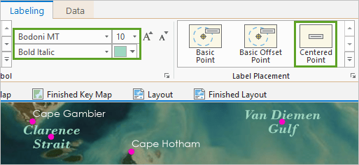 Font properties and Centered Point Label Placement on the ribbon