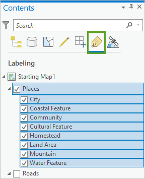 Places layer in the Contents pane selected with all label classes beneath