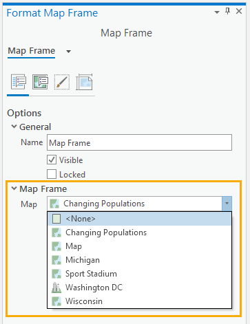 Picture of the format map frame pane, with the map dropdown highlighted.