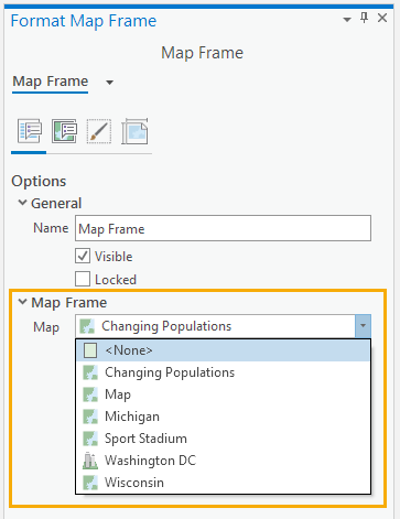 Picture of the format map frame pane, with the map dropdown highlighted. Picture of the format map frame pane, with the map dropdown highlighted.
