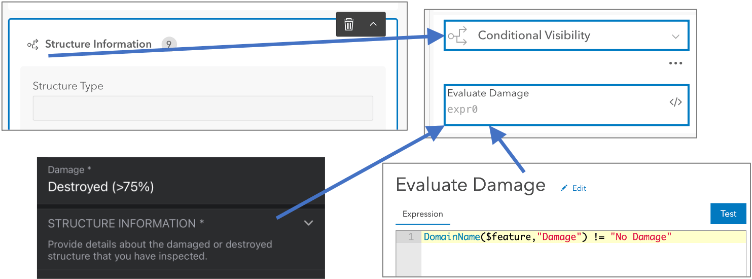 Control the visibility of fields and groups using an Arcade expression.