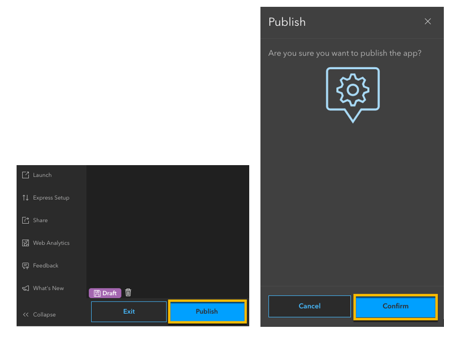 Image of the Publish button and Confirm Publish button for configurable apps
