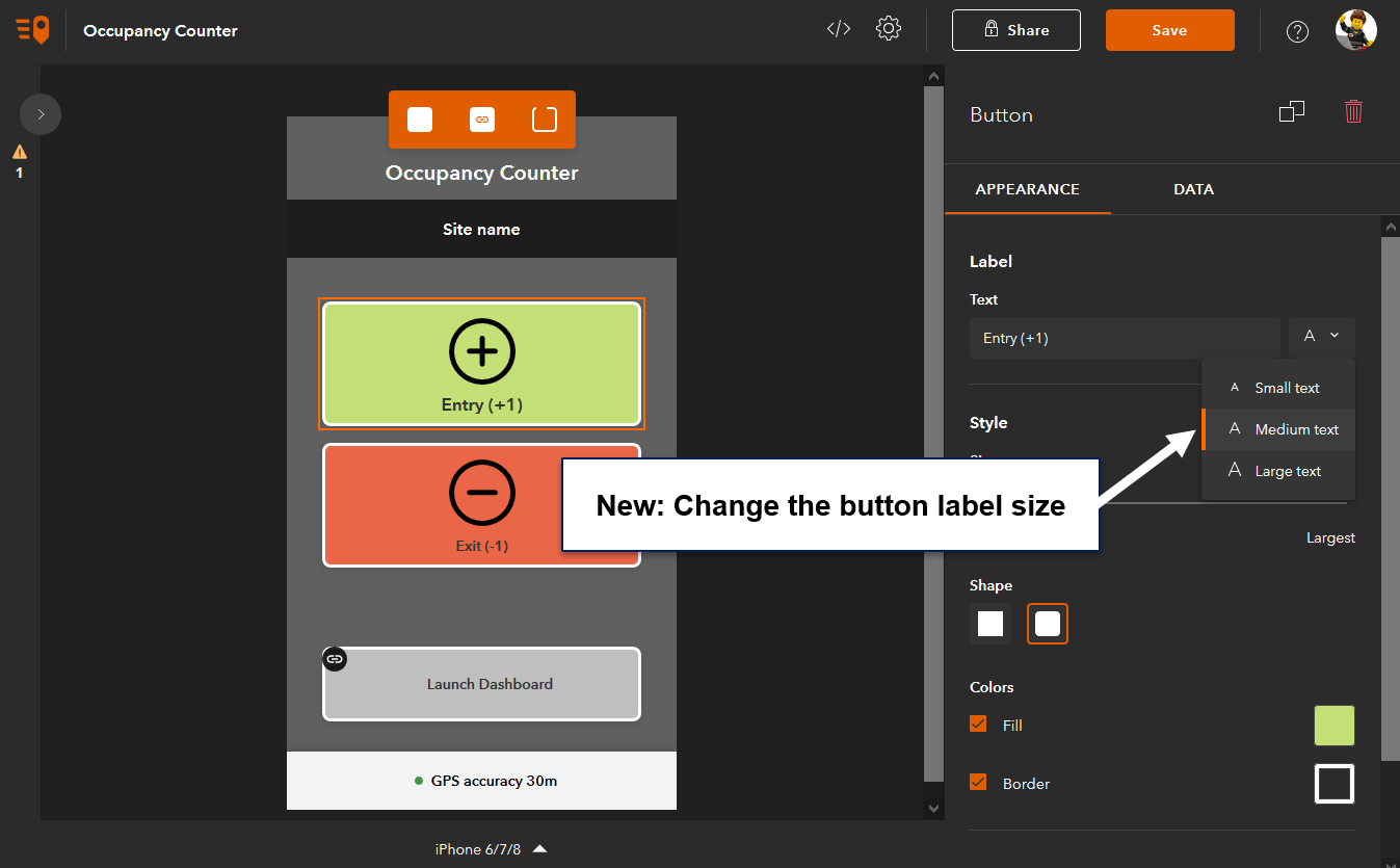 QuickCapture designer lets you change the button label size