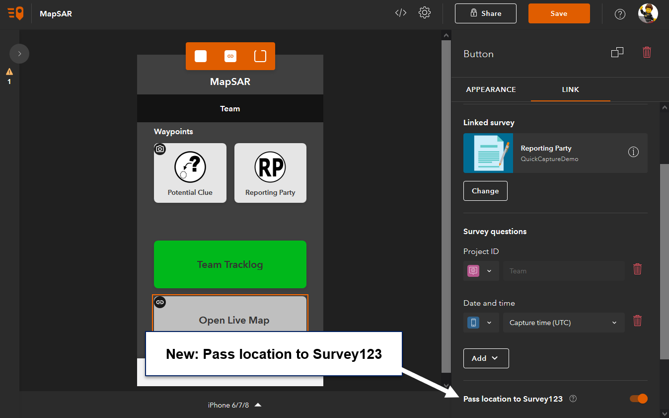 Pass a location to Survey123 (QuickCapture) Pass a location to Survey123 (QuickCapture)