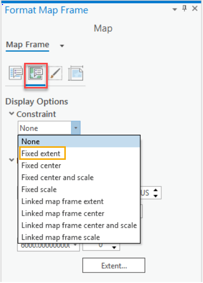 Picture of the Format Map Frame showing the Display Options tab and the Constraint drop down Picture of the Format Map Frame showing the Display Options tab and the Constraint drop down