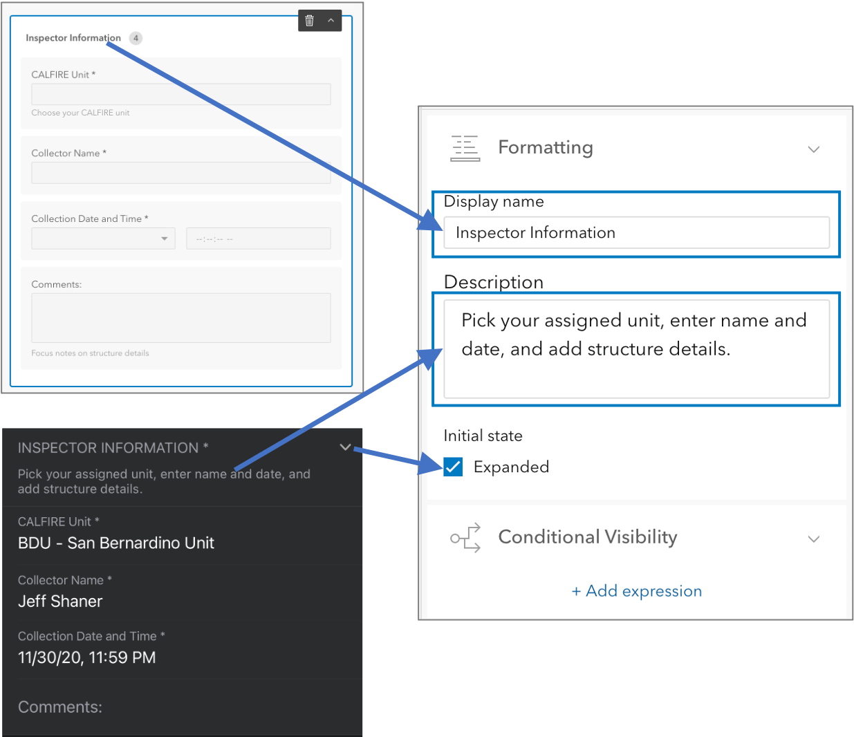 Groups have their own name and description and state. You can apply conditional visibility to them as well.