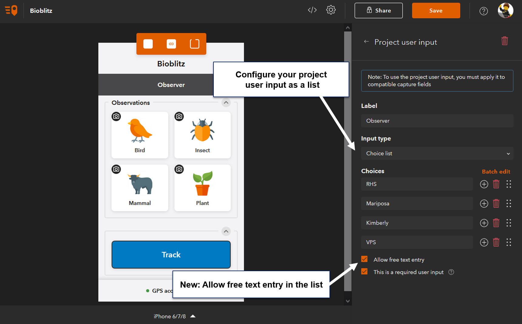 QuickCapture designer allows you to define free text entry in project user inputs