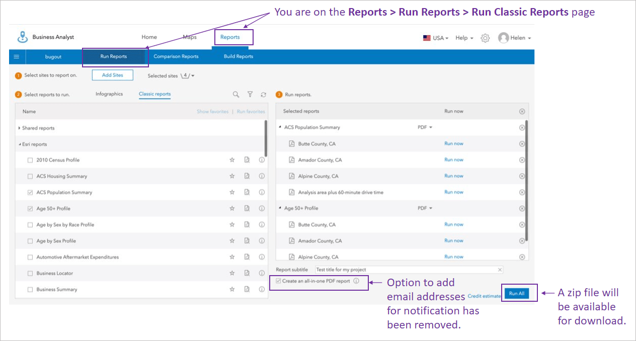 Screen B showing Run Classic Reports page