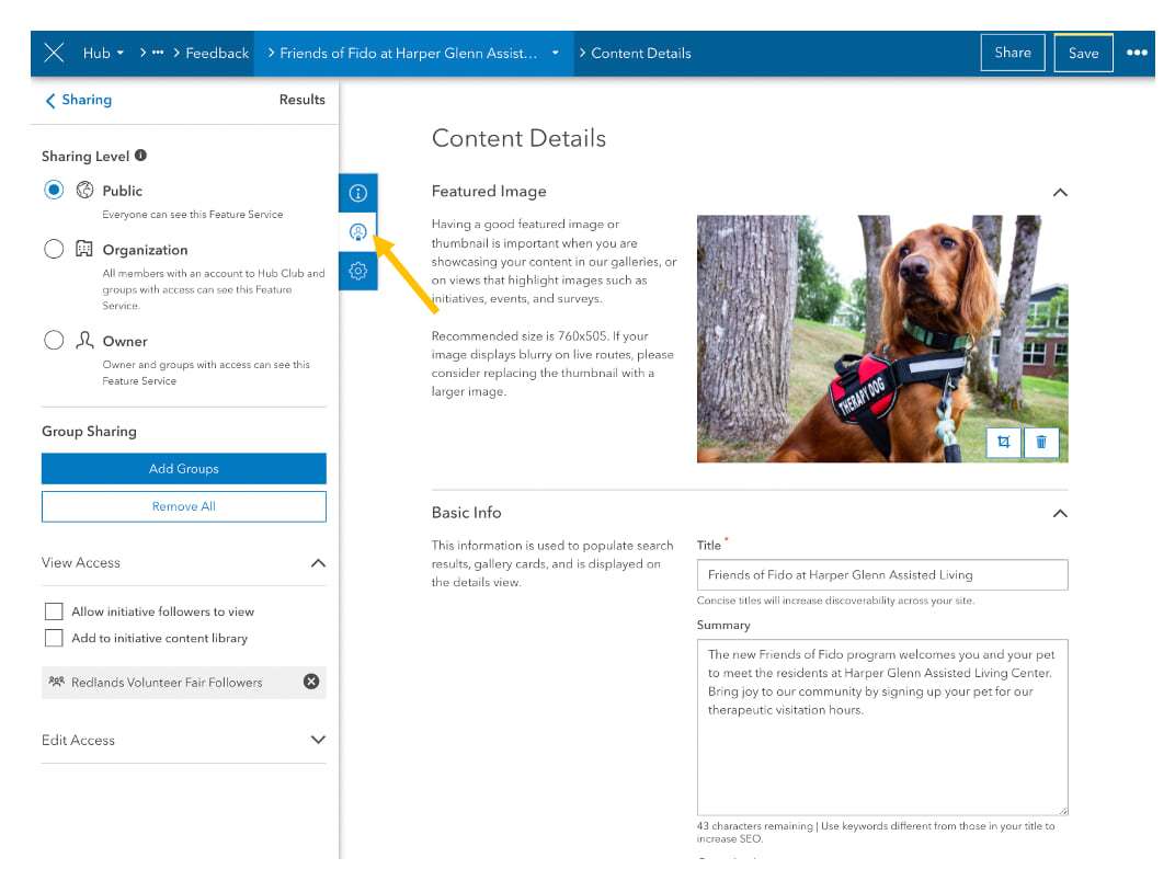 Content views in edit mode with sharing panel open