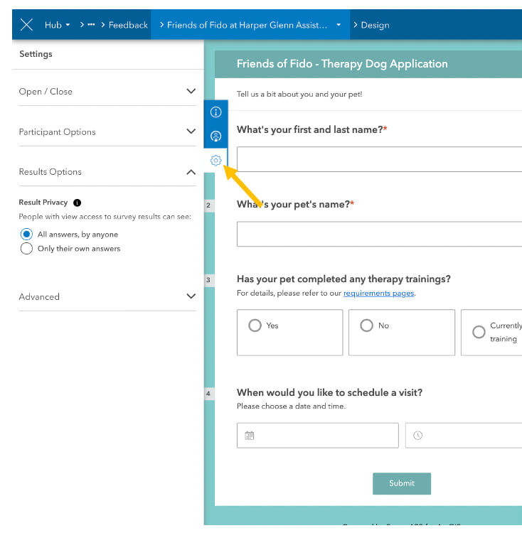 Side panel showing survey settings