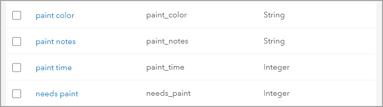 List of fields to add to the Places layer: paint_color (String), paint_notes (String), paint_time (Integer), needs_paint (Integer)