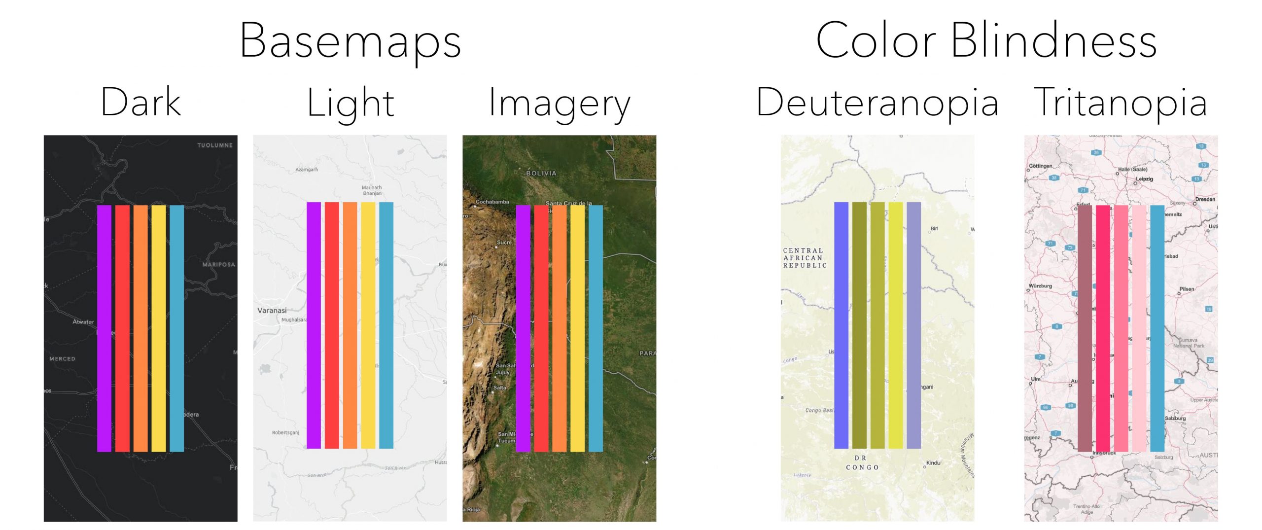 Color palette showing on various basemaps and color blindness. Color palette showing on various basemaps and color blindness.