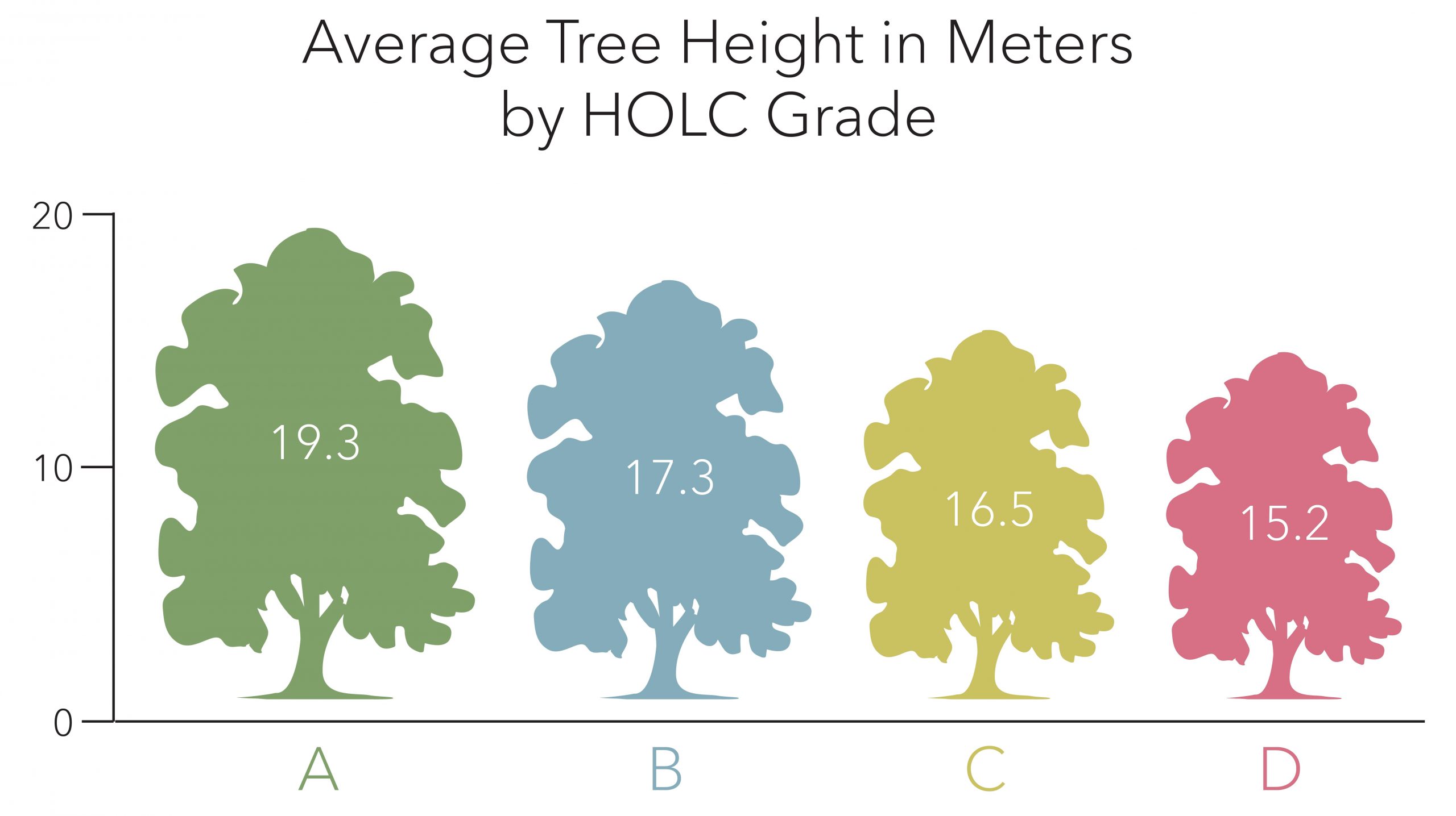 Graphic showing the average tree height by HOLC grades. Graphic showing the average tree height by HOLC grades.