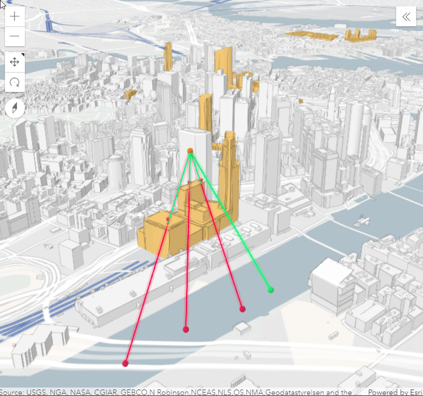 Observer point set to top of the building with 4 target locations to the river.