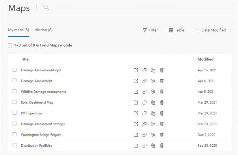 Maps page in Table view