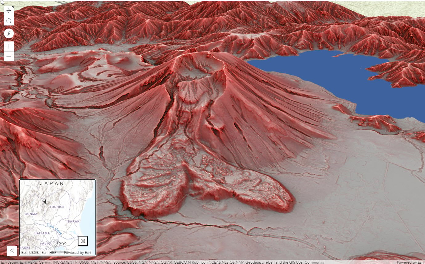 scene showing a volcano with an inset map showing the location is Japan