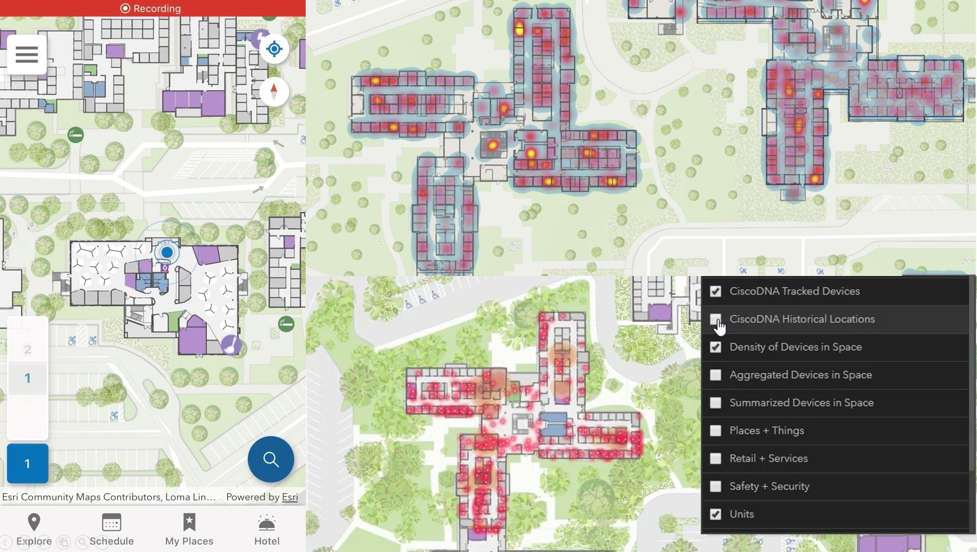 indoor positioning blue dot in ArcGIS Indoors mobile interface and tracked and historical devices and heat mapping