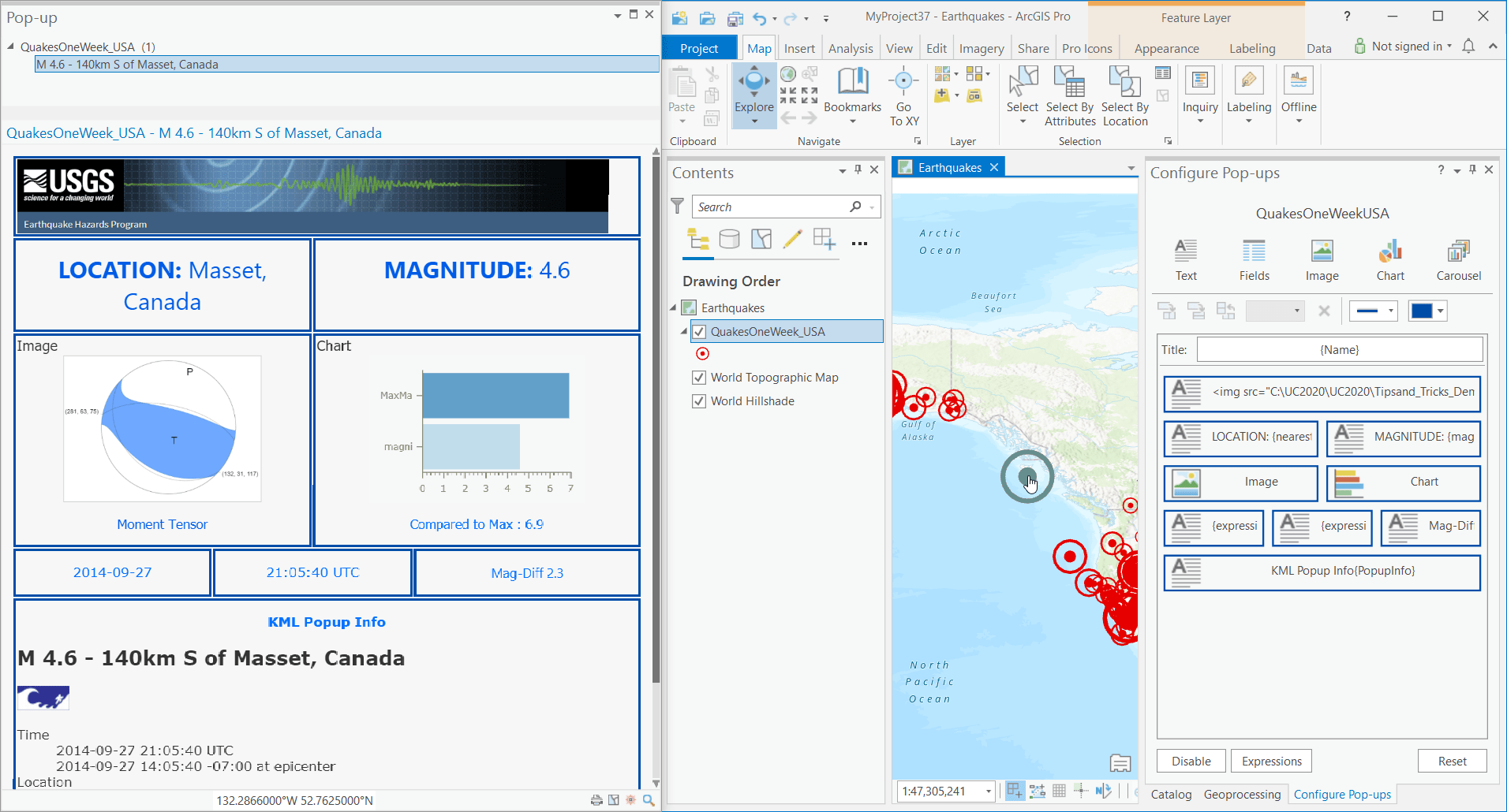 Pop-up configuration as seen in both the Configure Pop-ups pane on the right and the resultant pop-up on the left.