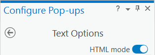 The top of the Configure Pop-ups pane for a Text element which includes the HTML mode toggle button.