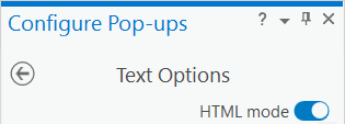 The top of the Configure Pop-ups pane for a Text element which includes the HTML mode toggle button. The top of the Configure Pop-ups pane for a Text element which includes the HTML mode toggle button.