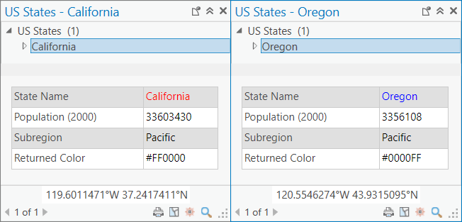 Two pop-ups that show different colors based on an attribute value, the left in red and the right in blue..