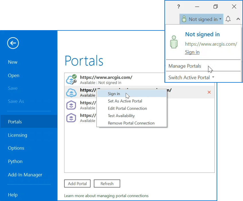 Portal connection options Portal connection options