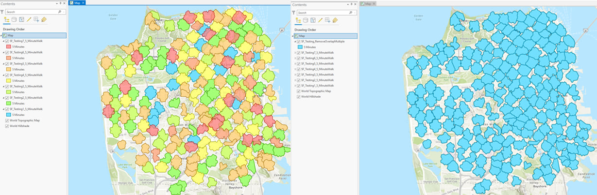 Input and outputs of Remove Overlap (mutliple) on map.