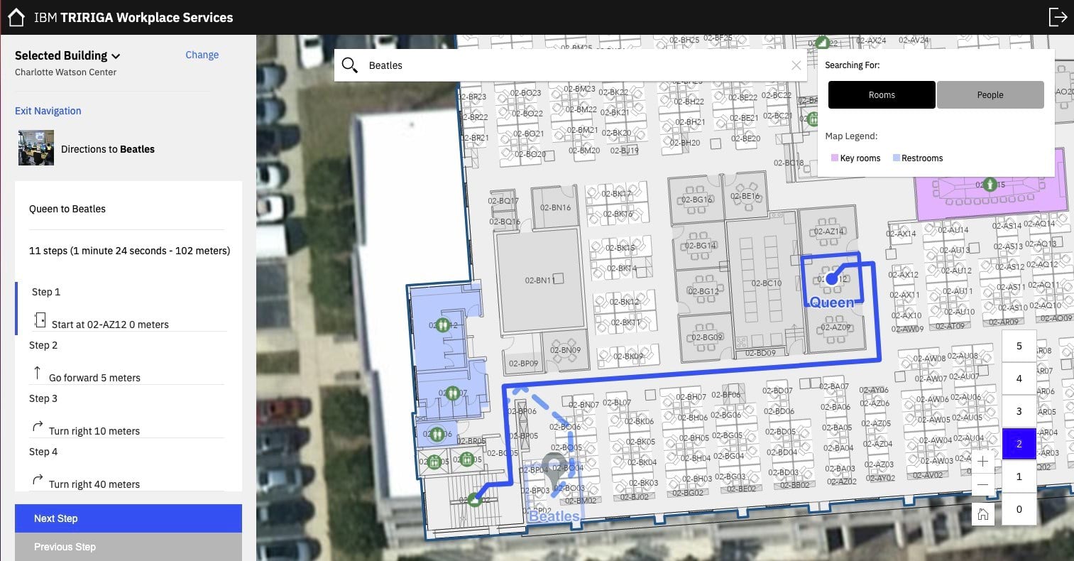 IBM TRIRIGA application showing indoor mapping and routing