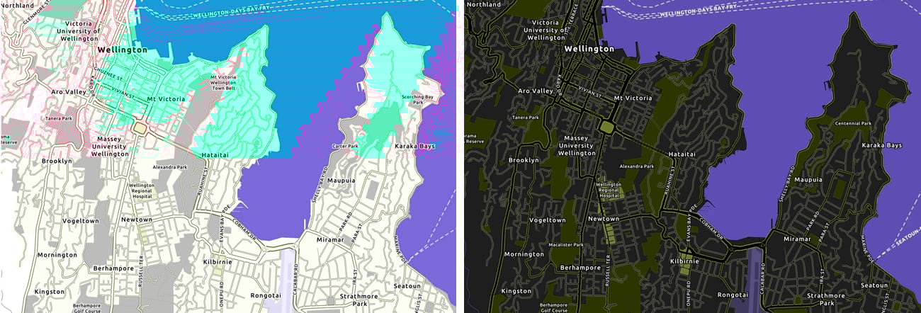 A still from the original Accessible Basemap alongside a still from the new 'Dark' Accessible Basemap A still from the original Accessible Basemap alongside a still from the new 'Dark' Accessible Basemap